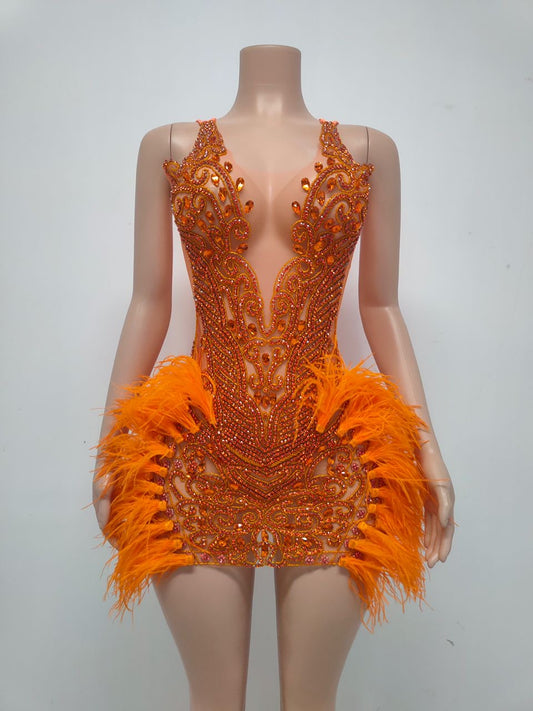 Dani Crystal Feather Dress (Orange)