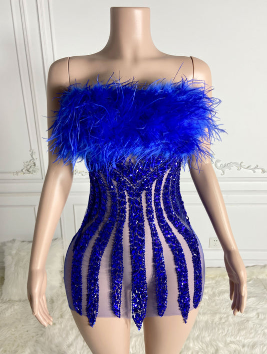 Niah Crystal Feather Dress (Blue)