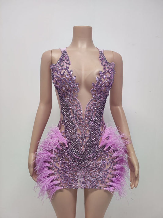 Dani Crystal Feather Dress (Lilac)