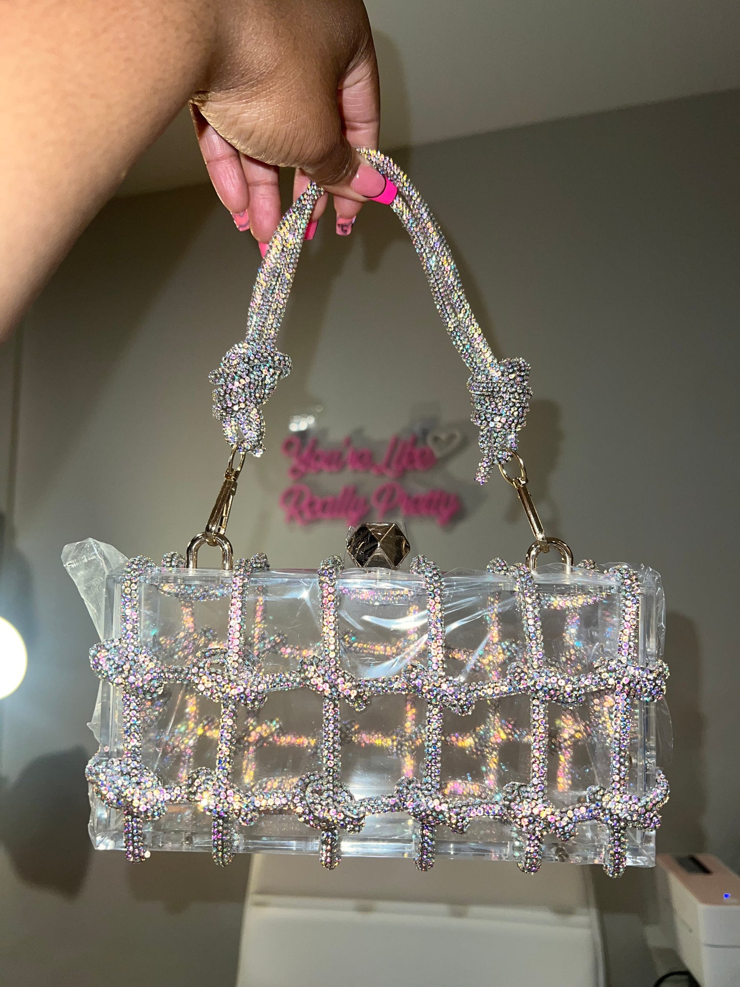 Iridescent Silver Crystal Knot Bag