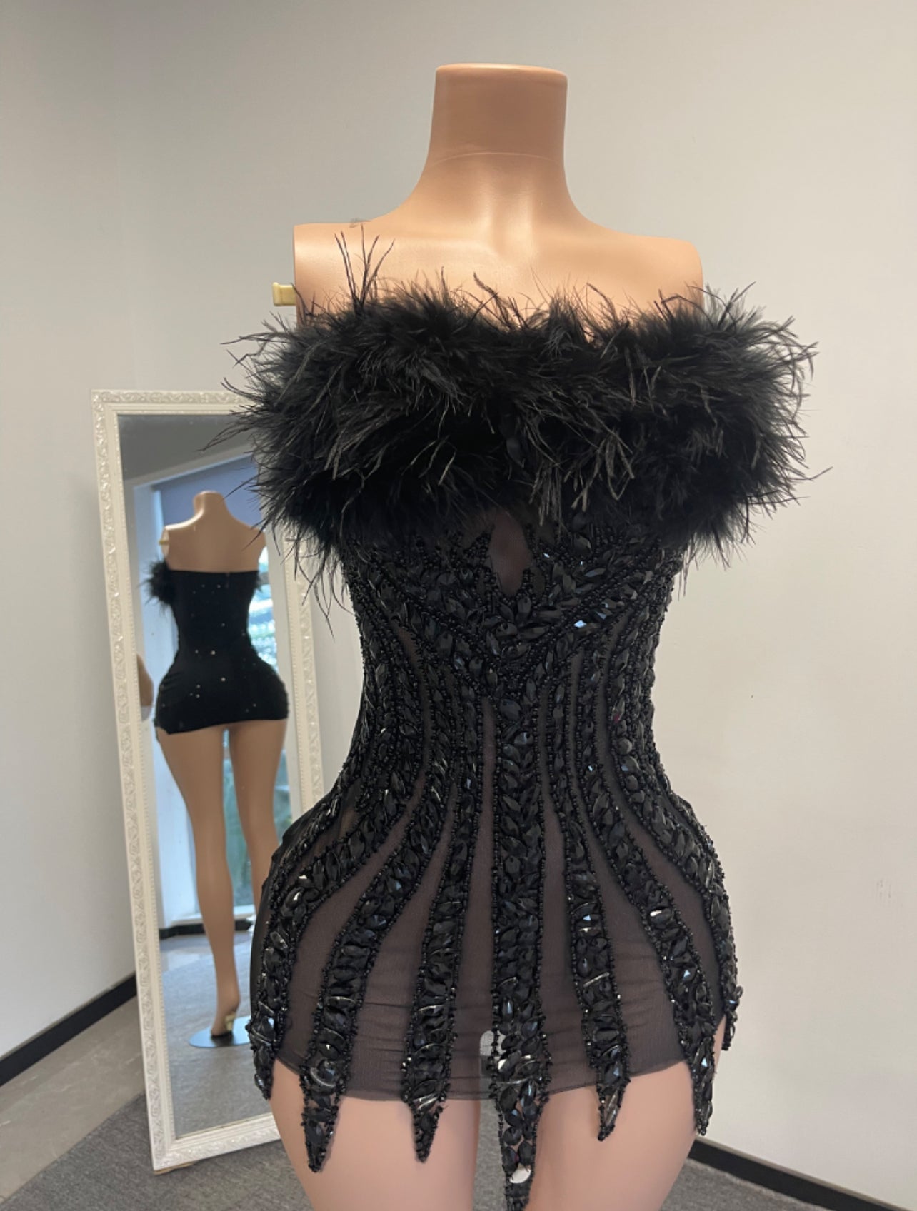 Niah Crystal Feather Dress (Black)