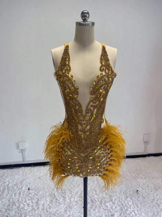 Dani Crystal Feather Dress (Gold)